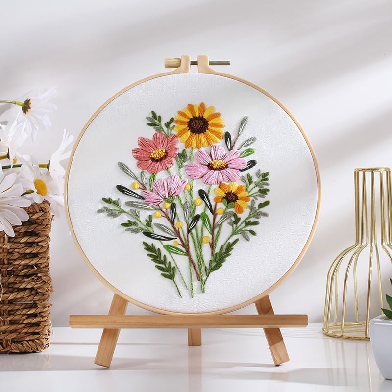Qupace 3 Pcs Flowers Plants Embroidery Kits for Beginners Adults,Cross Stitch Sewing Craft Set, 3 Embroidery Hoops,3 Finished Stands, Floral Needlework Kit