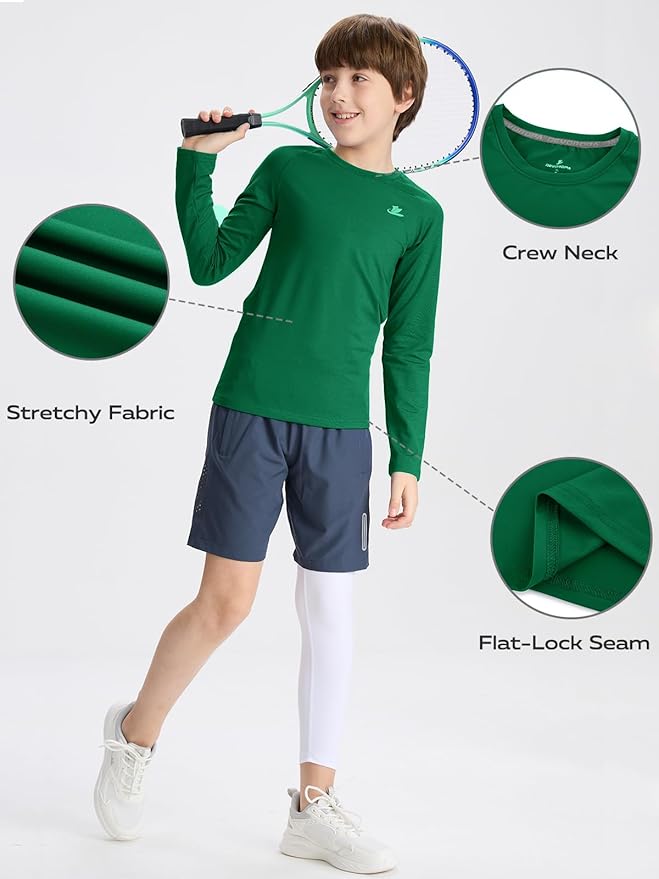 DEVOROPA Youth Boys Compression Shirt Long/Short Sleeve Football Baseball Undershirt Quick Dry Kids Sports Baselayer Crewneck