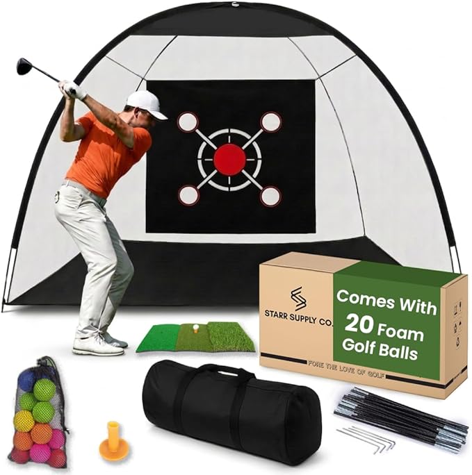 Golf Net for Backyard 10x7ft with 20 Foam Balls Set & Tri-Mat, Heavy Duty Golf Hitting Net Indoor Outdoor with Target, Home Training Equipment for Driving Chipping Swing Practice