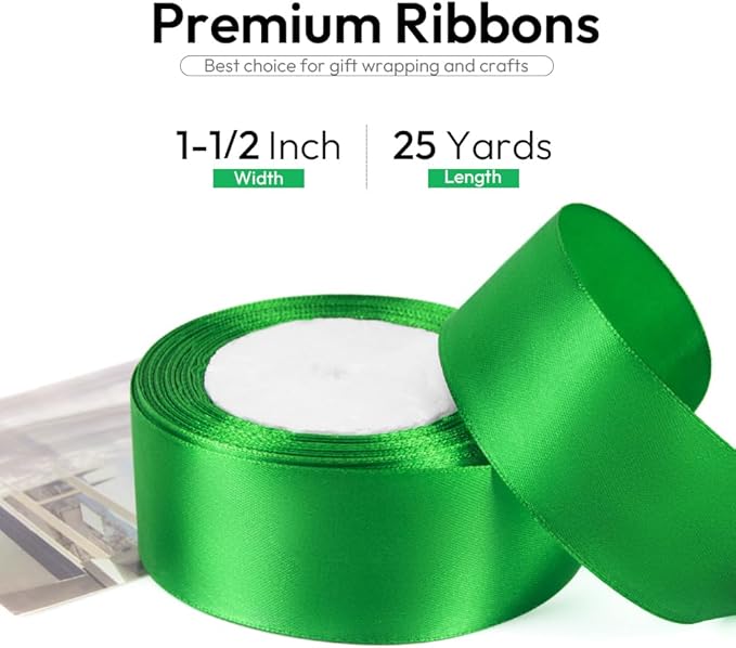 1-1/2 Inch 25 Yards Satin Ribbon Green, Solid Color Fabric Ribbon - Image 2