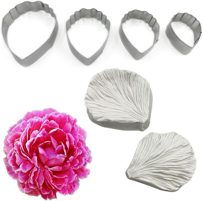 4pcs Stainless Steel Peony Cutter 2pcs Gumpaste Peony Silicone Veining Mold Gum by metulip