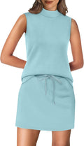 XIEERDUO Two Piece Skirt Sets for Women Summer Beach Vacation Resort Cruise Outfits Mock Neck Tops Tennis Skirt Sets