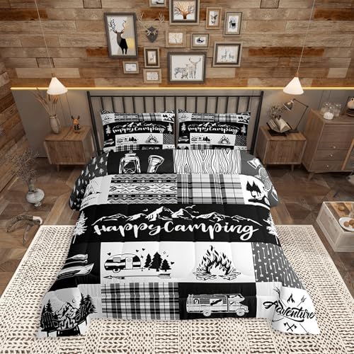 Castle Fairy Camper Adventure Comforter Set Twin Size,Happy Camping Plaid RV Inside Decor Bedding Set for Kids Boys Men,Arrow Hunt Cabin Rustic Farm Check Quilted Duvet Set with 1 Pillowcase