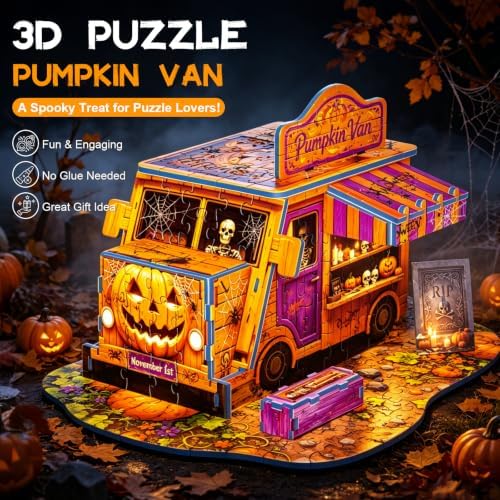 Halloween 3D Puzzle for Adults, Pumpkin Van Miniature Building Kit, DIY Craft Model Kit, Spooky Halloween Festival Decoration Display, 3D Paper Puzzle Home Décor Gift for Teens Family & Friends