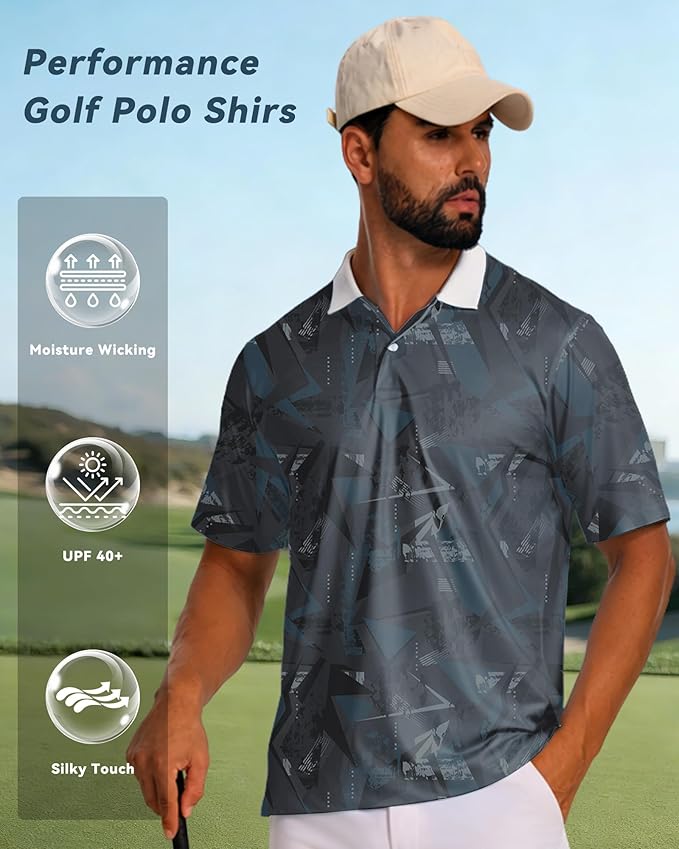KUYIGO Mens Polo Shirt Quick Dry Moisture Wicking UPF 40+ Performance Printed Short Sleeve Summer Tennis Golf Shirt