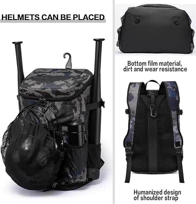 TUGUAN Baseball Backpack Equipment Bag for Adult with 2/4 Bat Holder & Fence Hook Lightweight Mens Softball Bag with Shoes Compartment Coaches Catchers Team Baseball Gear Bags Youth Boys