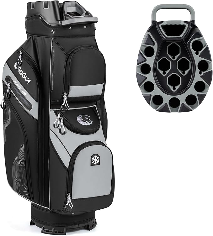 Tangkula Golf Cart Bag with 14-Way Full Length Dividers, 6 Molded Lock Top Golf Club Bag with 11 Pockets, Cooler Bag, Padded Strap, Handles, Umbrella Holder & Rain Hood