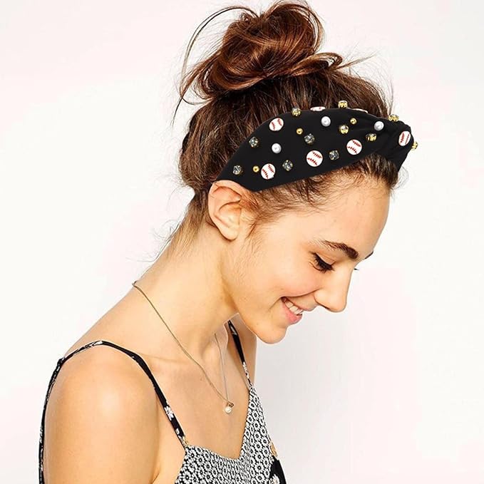 Baseball Headbands for Women Crystal Baseball Embellished Wide Top Knot Headband for Women Game Day Hair Accessories (Black)