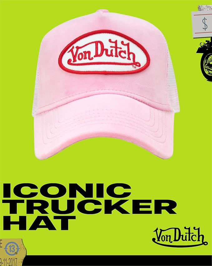 Von Dutch Unisex Trucker Hat - Velvet Curved Bill Mesh Back Retro Classic Adjustable Snapback Baseball Cap for Men and Women