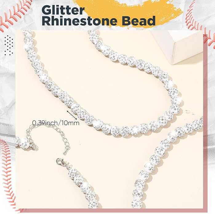 Landical 12 Pcs Bling Baseball Necklace Ice Beaded Baseball Necklace Cool Gifts Bulk for Team Players Lovers Fans
