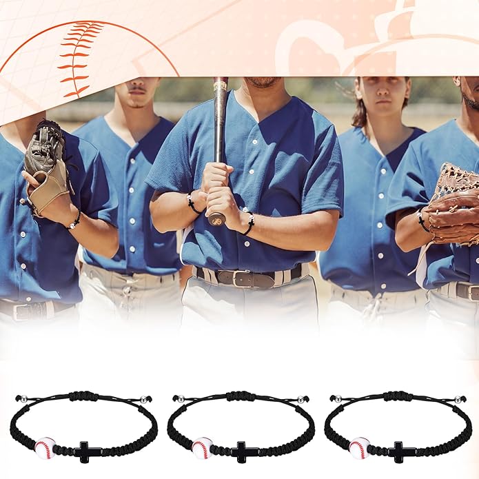 Tondiamo 12 Set Christian Cross Balls Bracelets Gifts Adjustable Baseball Volleyball Softball Woven Jewelry Charm Bracelets with Inspirational Cards for Team Gifts Sports Lover