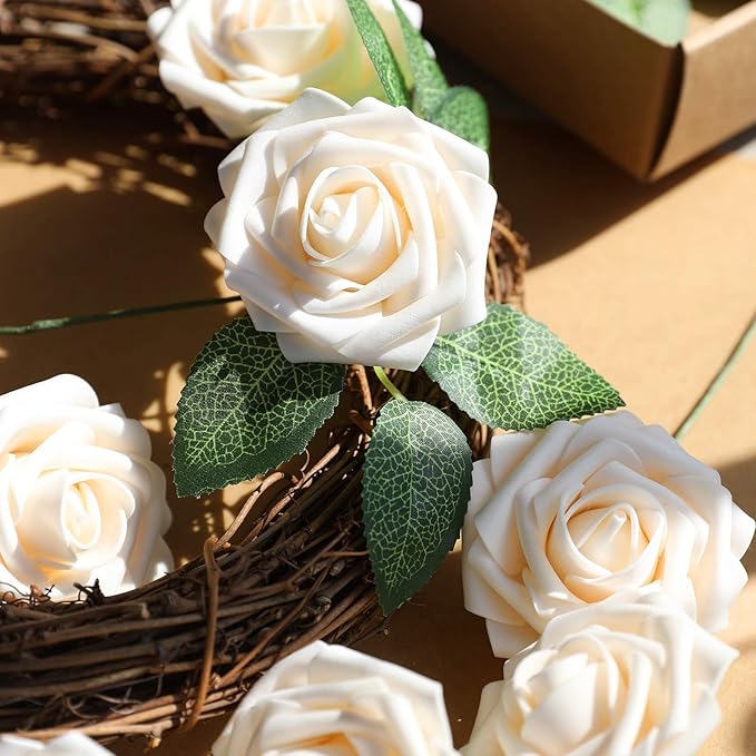 AmyHomie Artificial Flowers Champagne Rose 50pcs Real Looking Fake Roses w/Stem - Image 3
