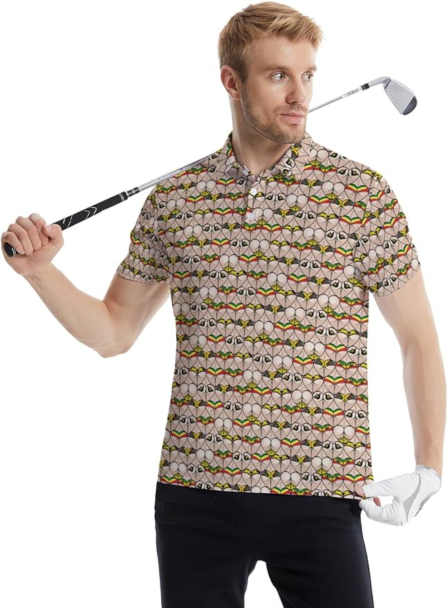 HUURAY Funny Golf Polos for Men Funny Print Short Sleeve Shirts Quick Dry Polo Shirts Hawaiian Shirt Performance Golf Outfits