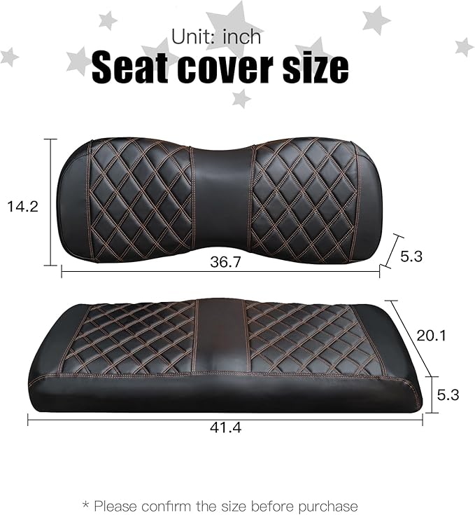 NOKINS Golf Cart Diamond Seat Covers Kit, Fit for Yamaha Drive/Drive 2 OEM Standard Front Seat Cushion, Golf Cart Vinyl Seat Cover, No Nails Required (Black and Brown Stitching)
