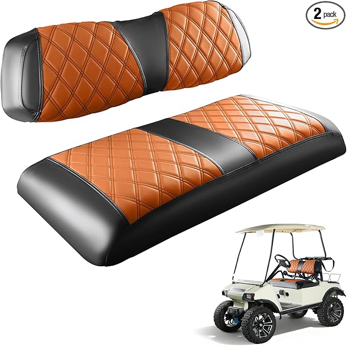 Golf Cart Diamond Seat Covers Kit Suitable for 2000.5-UP Club Car DS Standard Front Seat Cushion, Club Car Front Seat Covers Kit No Drilling & Waterproof (Brown PVC Leather & Black Stitching)