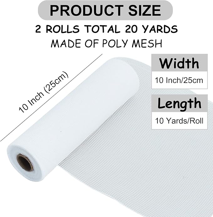 TONIFUL 2 Rolls 10 Inch White Decorative Mesh Ribbbon Rolls, Fabric Mesh - Image 2