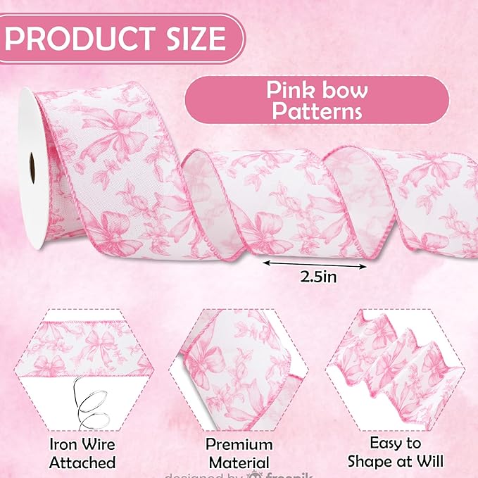 Pink Floral Bow Wired Edge Ribbon Chinoiserie Flower Bowknot Fabric Ribbon - Image 2