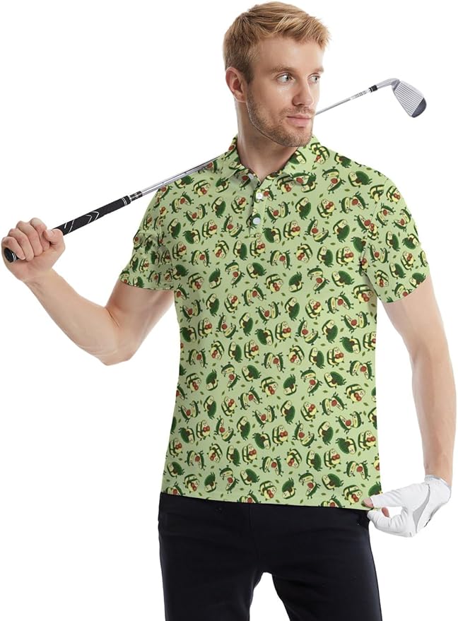HUURAY Funny Golf Polos for Men Funny Print Short Sleeve Shirts Quick Dry Polo Shirts Hawaiian Shirt Performance Golf Outfits