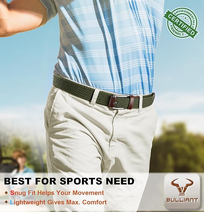 BULLIANT Belt for Men 2Pack,Mens Gift Stretch Braided Web Belt Elastic for Casual Golf Jeans,1 3/8"