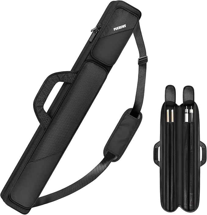 PEKREWS Pool Cue Case, Pool Stick Case 2x2 Holds 2 Sticks with 2 Accessory Zipper Pockets, Sturdy Polyester Pool Cue Carry Bag with Shoulder Strap Handle, Soft Billiard Cue Sling Bag for Men and Women