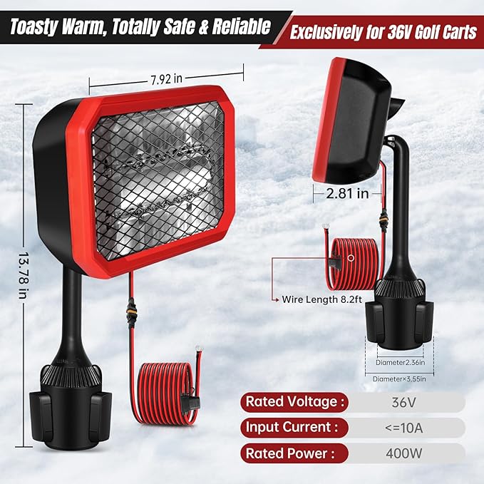 Electric Golf Cart Heater (2nd Gen) with 360 Degree Adjustable Angle, Battery Powered Golf Cart Heater, 400W Silent Carbon Fiber Heating for Club Car/Yamaha/EZGO Golf Cart