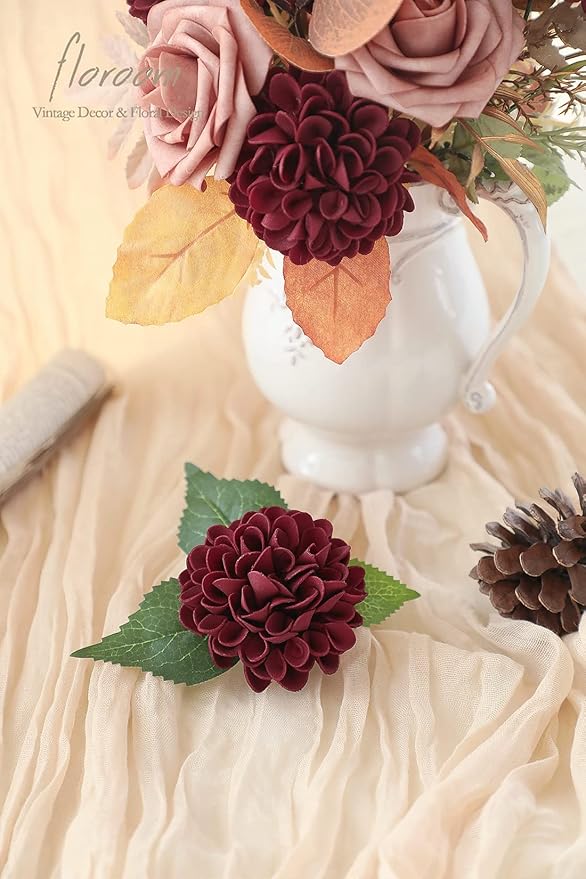 Floroom Artificial Dahlia Flowers 25pcs Real Looking Burgundy Foam Fake Roses - Image 3