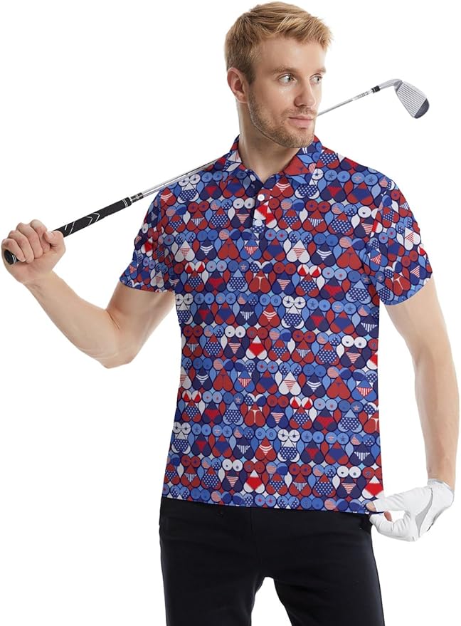 HUURAY Funny Golf Polos for Men Funny Print Short Sleeve Shirts Quick Dry Polo Shirts Hawaiian Shirt Performance Golf Outfits