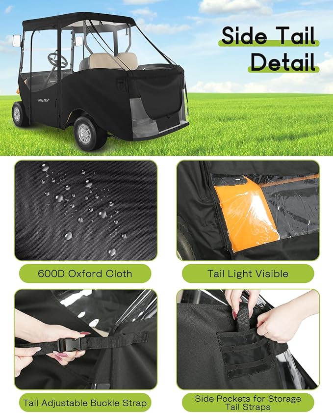 Golf Cart Enclosure 4 Passenger for EZGO TXT Short Roof 2+2 4-Seater Waterproof Windproof Driving Rain Cover 4-Sided Clear Windows Roll-up Door Black
