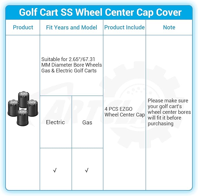 Golf Cart Black SS Center Cap Cover, Suitable for 2.65" Dia Bore Wheel Rim SS Chrome Plastic Center Caps for EZGO Golf Cart Wheel -4 Black Packs