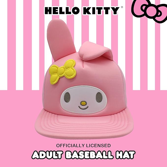 Hello Kitty Baseball Cap, Women's Snapback Hat with Flat Brim and 3D Ribbon and Ears
