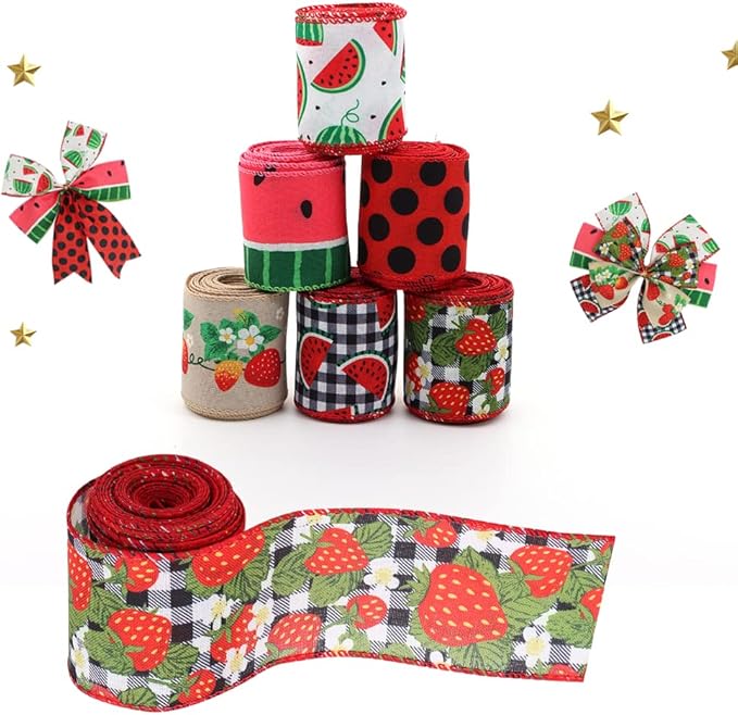 2.5" Watermelon and Strawberry Ribbon, Summer Craft Wire Edged Ribbon, Polka - Image 6