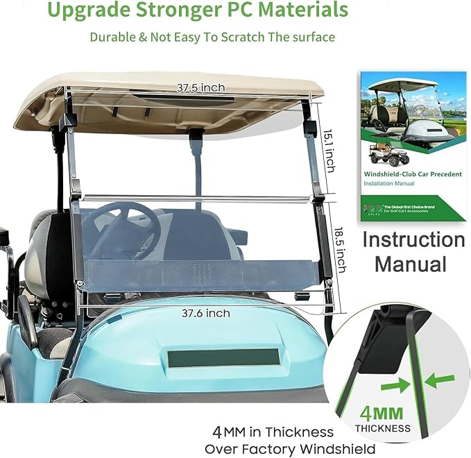 10L0L Golf Cart Windshield for Club Car Precedent 2004-Up, 2017-Up Onward, Tempo, Fold Down Club Car Windshield, Anti-UV Impact Resistant 37.5"W X 33.6"H (Clear)