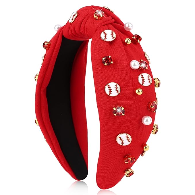 Baseball Headbands for Women Crystal Baseball Embellished Wide Top Knot Headband for Women Game Day Hair Accessories (Red)