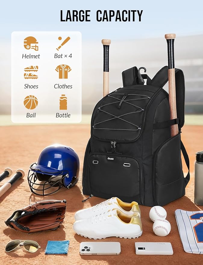 Baseball Backpack for Adult Large Capacity Softball Bat Bag with Shoe Compartment & Wet Pocket Baseball Bag with Fence Hook for 4 Bats & Equipment