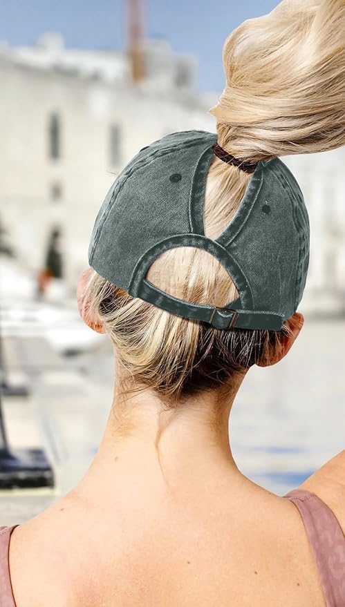 Womens Vintage Washed Distressed Baseball-Cap with Ponytail Hole Sport Golf Hat