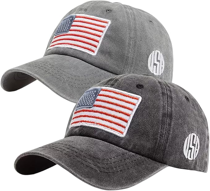 2 Pack American Flag Baseball Cap Unisex Hat, Classic Hat for Men Women Light Gray, Dark Gray