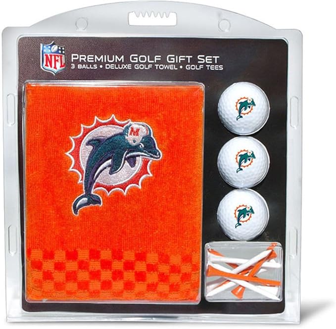 Team Golf NFL Miami Dolphins Gift Set: Embroidered Golf Towel, 3 Golf Balls, and 14 Golf Tees 2-3/4" Regulation, Tri-Fold Towel 16" x 22" & 100% Cotton