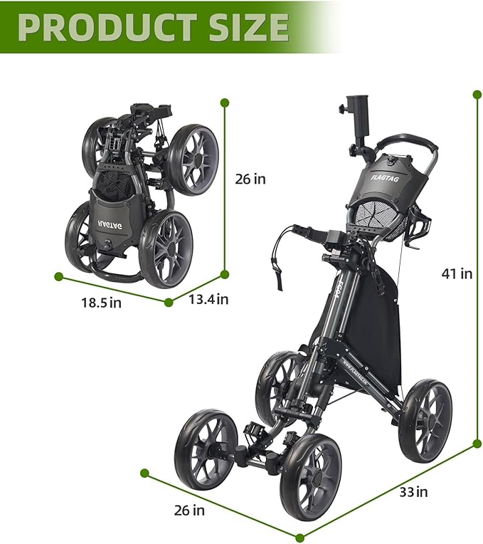 FLAGTAG Golf Push Cart 4-Wheels,Folding Golf Cart, Golf Pull cart with Cup Holder,Umbrella Holder,Cooler Bag, Foldable with one-Click,Handle Height Adjustable,Drink Holder,Walking Push cart