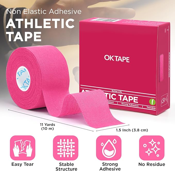 OK TAPE Athletic Sports Tape（4 Packs) Pink- 32.8ft Per Roll Athletic Tape for Injuries,Strong Stick No Residue Athlete & Sport Trainers First Aid Injury Wrap, Hockey Stick