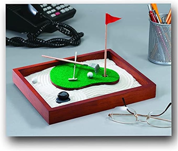 Executive Sandbox - Sand Trap Golf Theme - Mini Desktop Set - Stress Relieving Office Decor - Includes 9.75” x 7.75” Hardwood Sandbox, 6 Putting Green Accessories, and Sand Trap