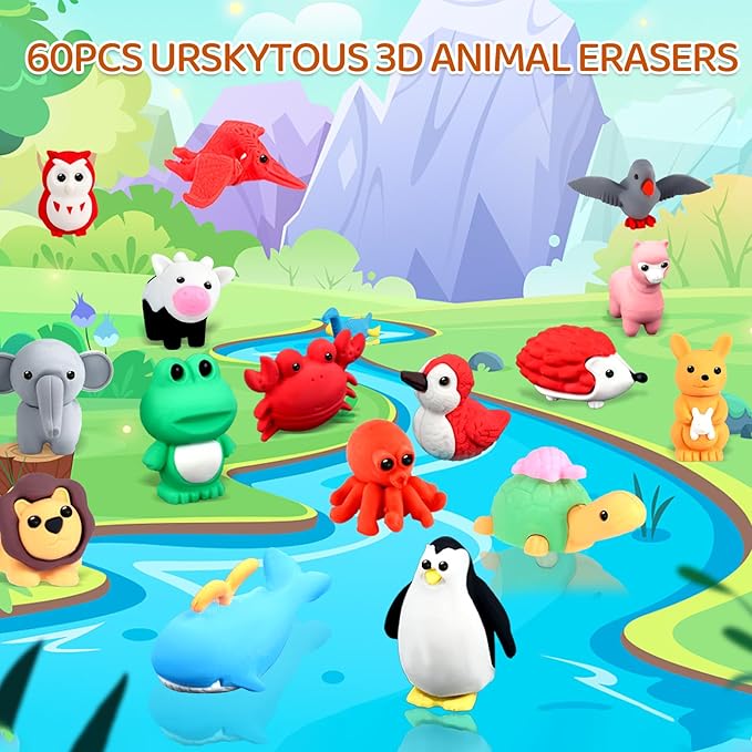 60Pcs Animal Erasers Kids Desk Pets Pencil Erasers 3D Puzzle Bulk Mini Animal - Image 2