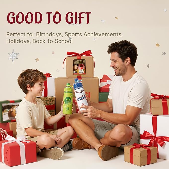 Baseball Water Bottle - 20oz Insulated Misting Water Bottles Stainless Steel 3D Textured - Baseball Accessories Gift for Kids