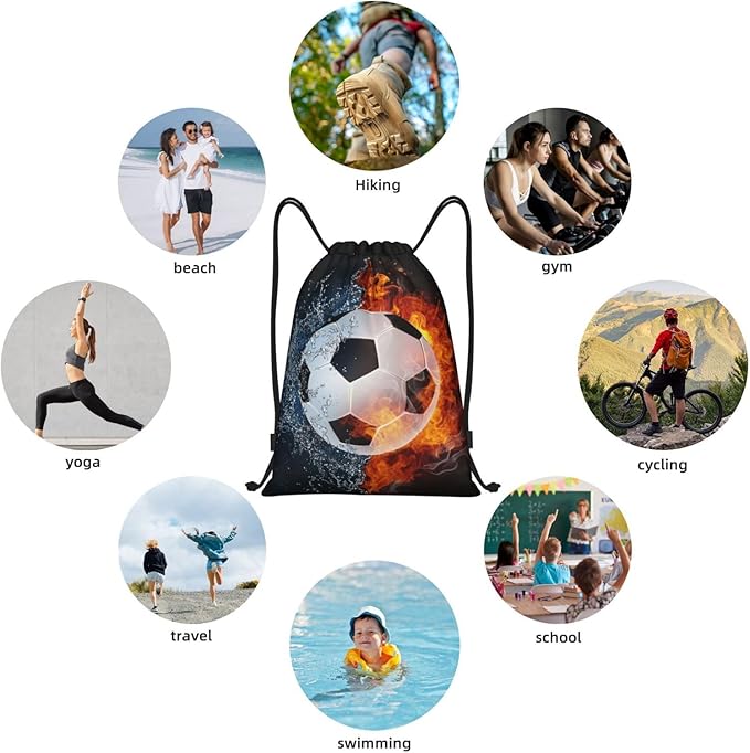 Kids Soccer Drawstring Bags for Boys Girls, Sports-Themed Drawstring Backpack Casual Knapsack with Water and Fire Printed for Teens Adults Women Men for Gym Travel Swimming Hiking Camping, Small