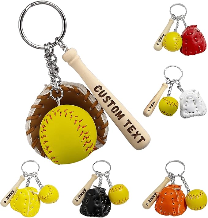 Custom Softball Keychain with Name Personalized Wooden Baseball Keyring for Girls Boys Team Gifts Softball Party Favors