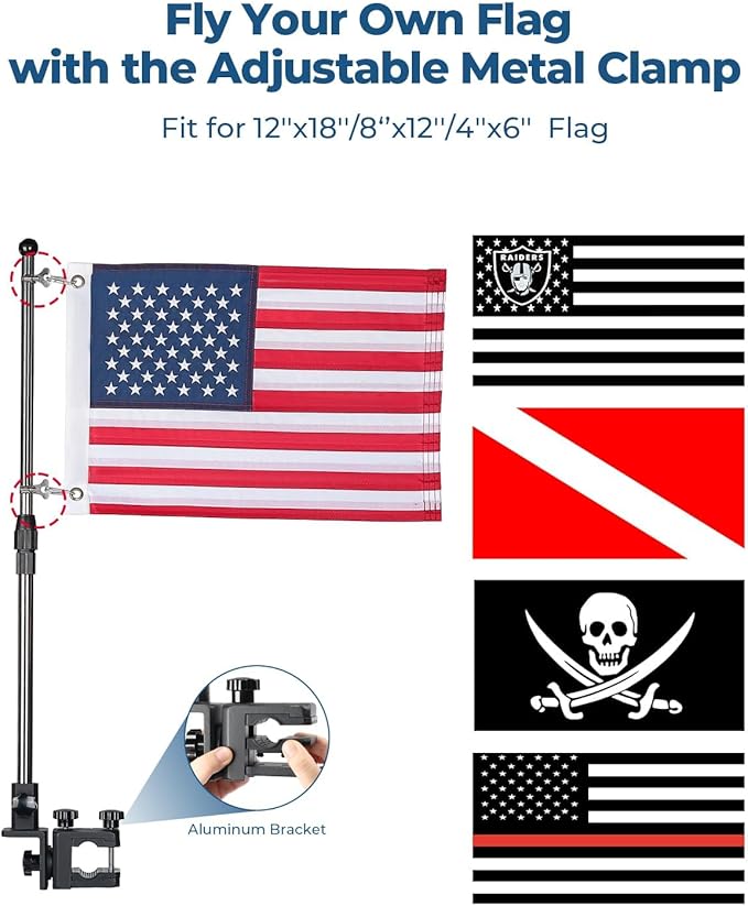 KEMIMOTO Golf Cart Flag Pole Kit, 360° Adjustable Golf Cart Flag Holder, Universal Fit for Golf Cart/Golf Push Cart/Boat, 2.5ft Flag Pole with USA Flag (12"×18"), for 0.8''-1.35'' Round/Square Rails