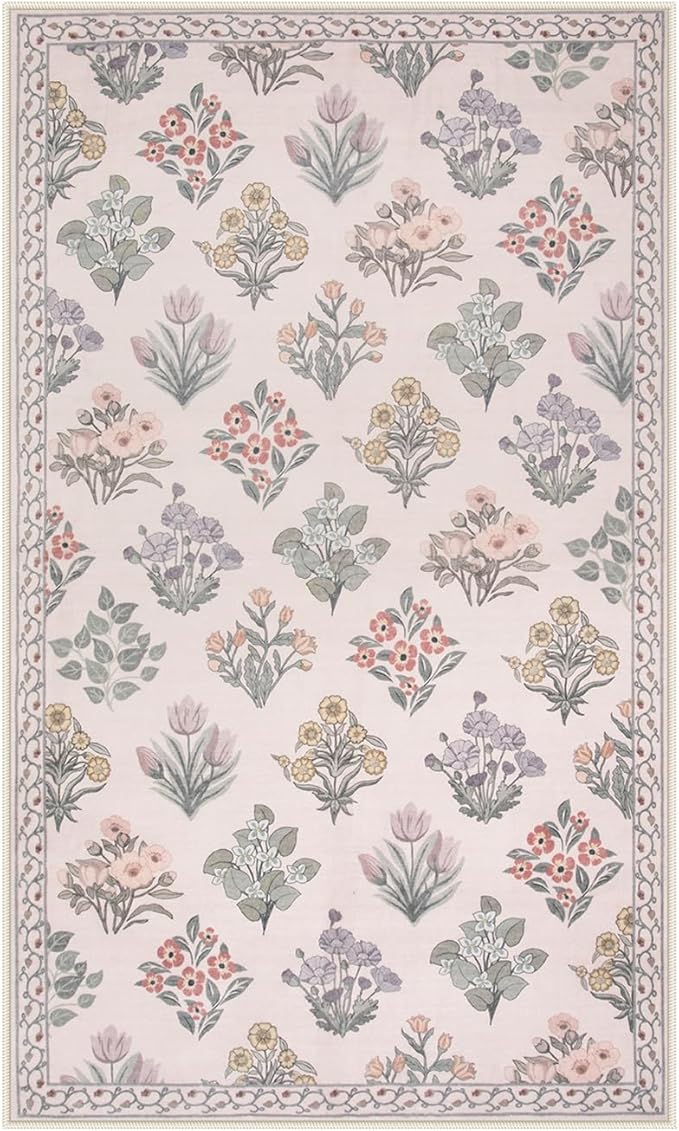 Wonnitar Boho Floral 3x5 Washable Rug, Ultra-Thin Pink Small Rugs - Image 8