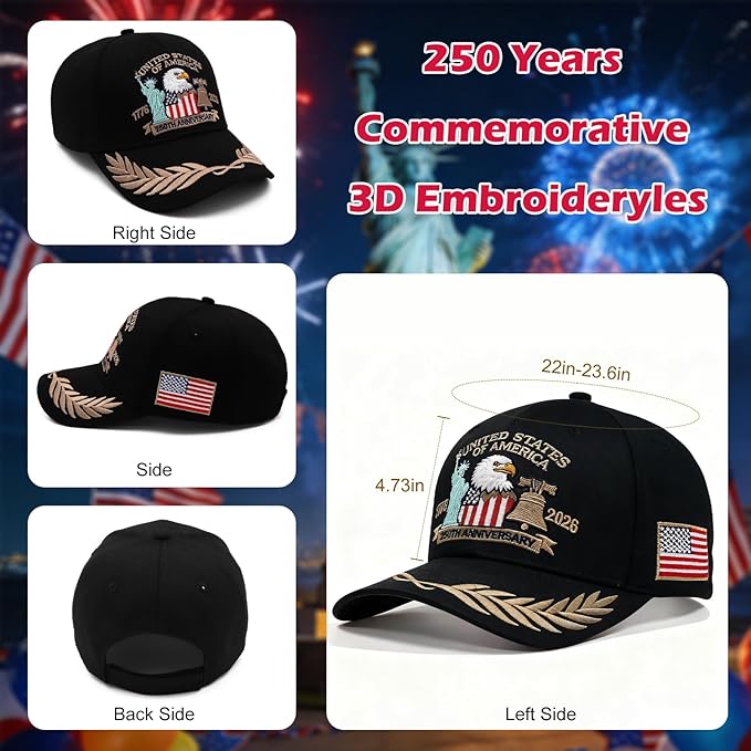 2 Pack 250 Anniversary USA Hat Embroidered Eagle & Liberty，Adjustable Patriotic American Flag Baseball Caps for Men Women