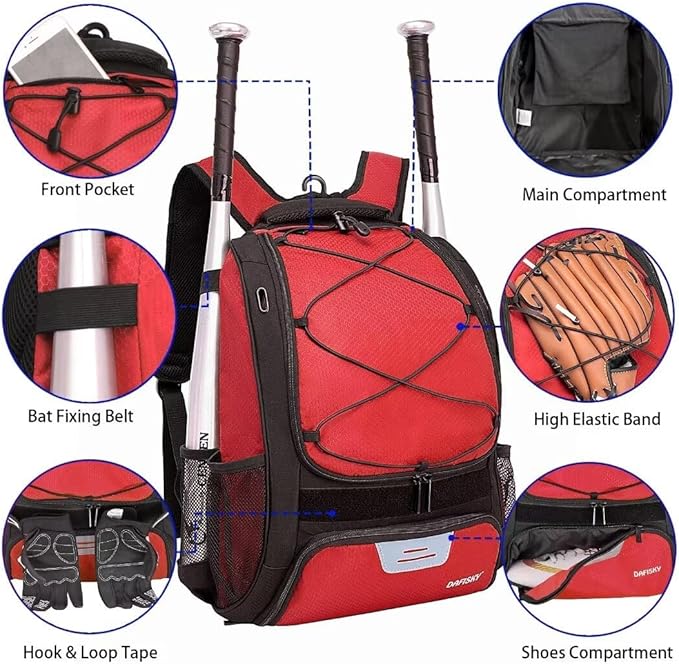 DAFISKY Baseball Bag Softball Backpack - Youth Adult T Ball Bat Equipment Bag with Bat Helmet Holders, Shoe Compartment