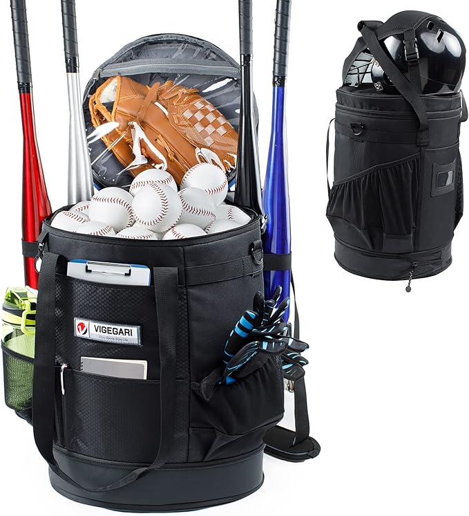 VIGERARI Baseball Bucket Bag- Coach Bag-Expandable Softball Bucket Organizer with Padded Seat