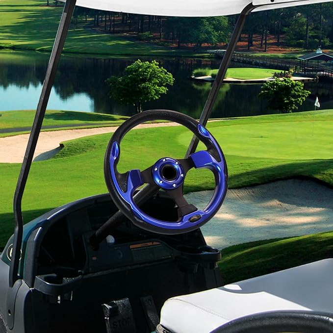 Golf Cart Steering Wheel, Universal Fit, PVC, Black and Blue, Medium Grip, For Golf Carts, Club Car, EZGO, RXV, TXT, Yamaha, Precedent, Tempo, DS